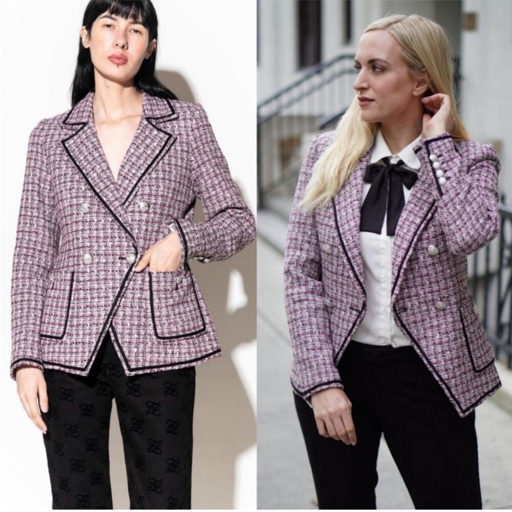 VERONICA BEARD | Theron Tweed Double Breasted Pink Purple Dickey Blazer Jacket 2